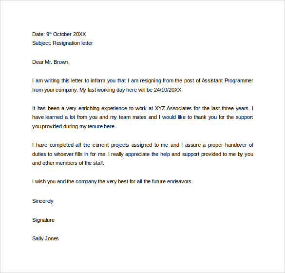 sample 2 week resignation letter