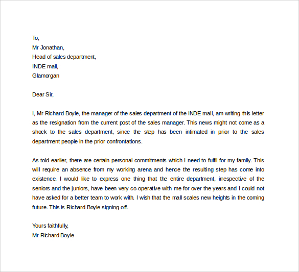 2 weeks resignation notice letter to sales manager