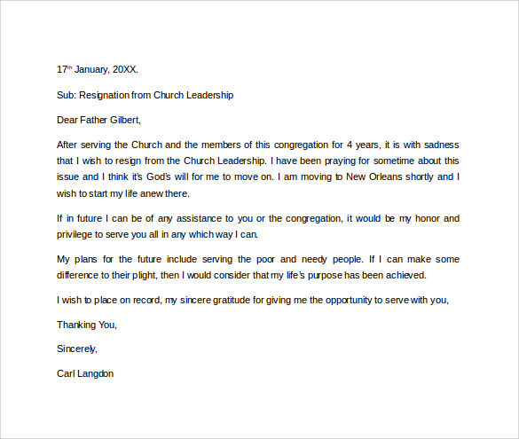 church leadership resignation letter word