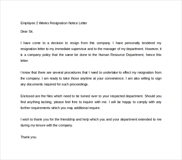 employee 2 weeks resignation notice letter