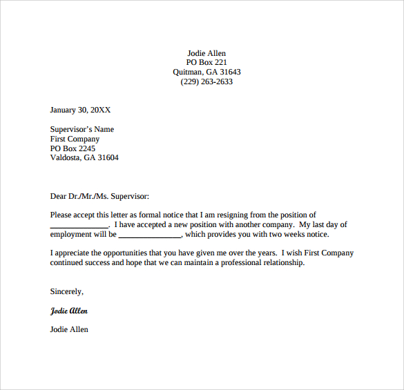 2 weeks notice letter