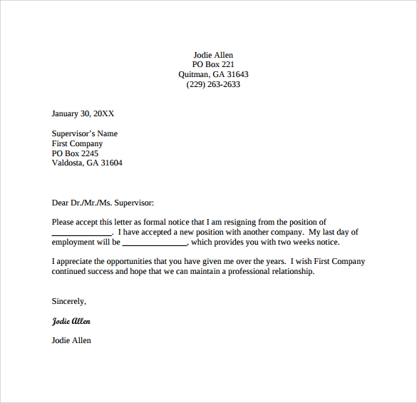 FREE 13 Two Weeks Notice Letter Templates In Google Docs MS Word Pages PDF