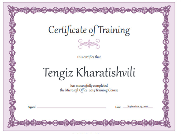 certificate of training ms word