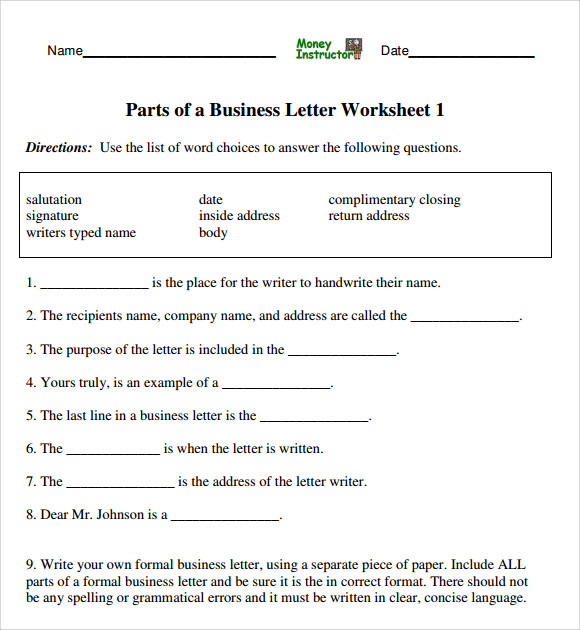 parts of a business letter worksheet