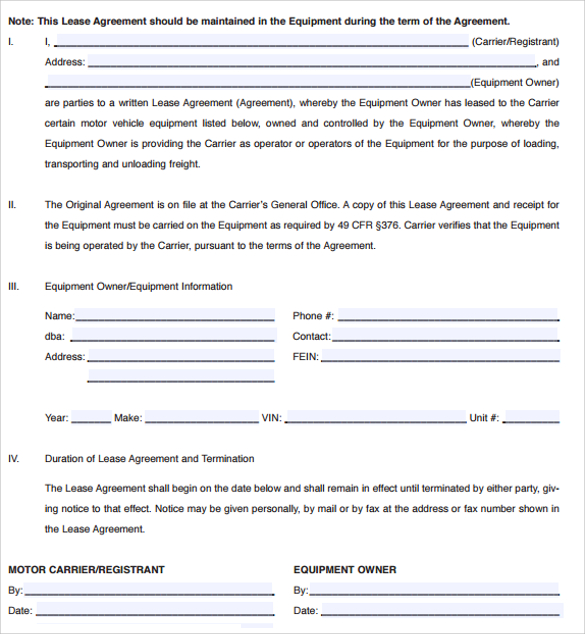 Free Motor Vehicle Lease Agreement Template