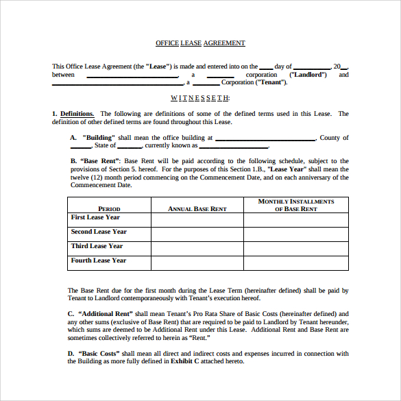 9  Office Lease Agreement Templates Samples Examples Format