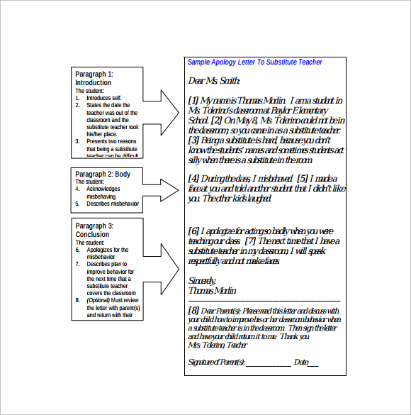 format of apology letter to substitute teacher