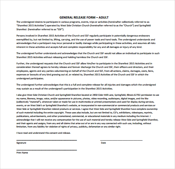 Free 10 Sample General Release Forms In Pdf Ms Word 5932