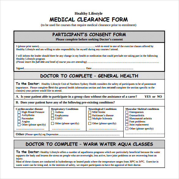 clearance health form kcc Sample  Documents Download Medical 8  Free  Clearance Form