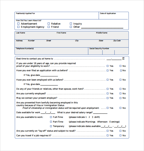 sample pdf employment application form