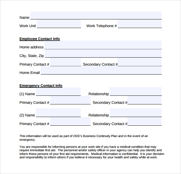 Simple Emergency Contact Printable Form