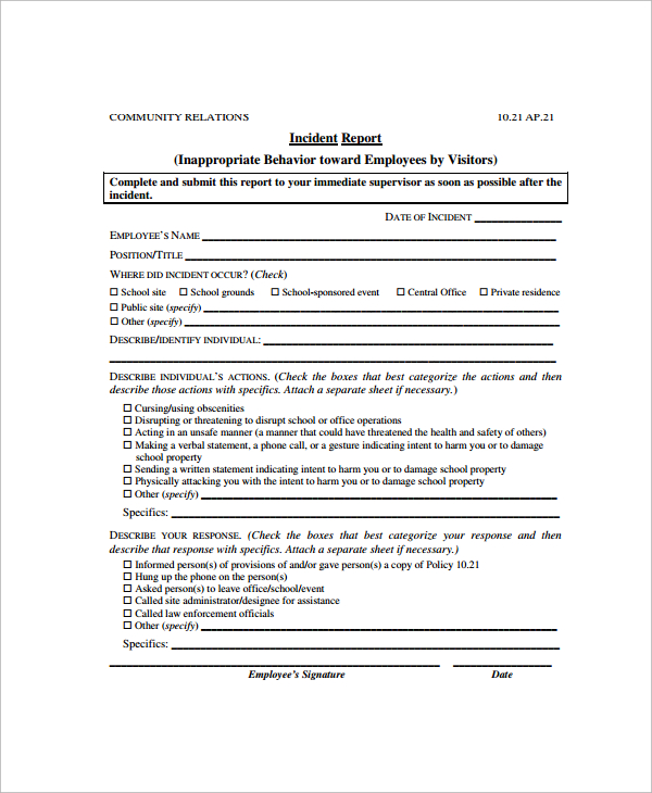 inappropriate behavior employee incident report template