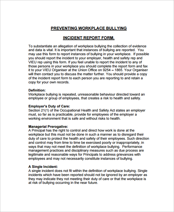 workplace bullying employee incident report template