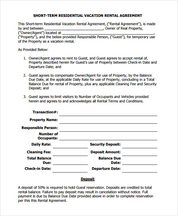 Short Term Vacation Rental Agreement