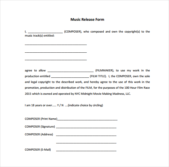 form for audition movie Sample  Music  11 Forms Download Release Templates to