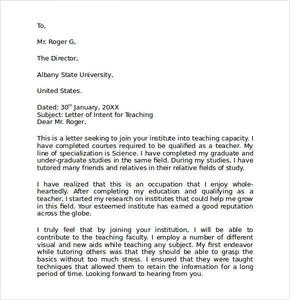 Sample Letter Of Intent To Stay In A Teaching Job