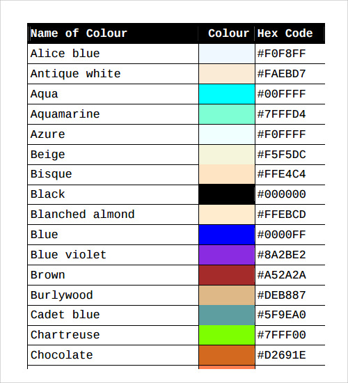 Color Chart With Names Pdf