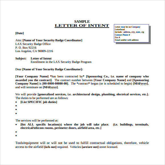 job letter of intent template