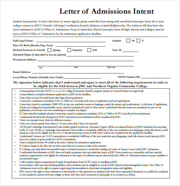 Graduate school application letter of intent