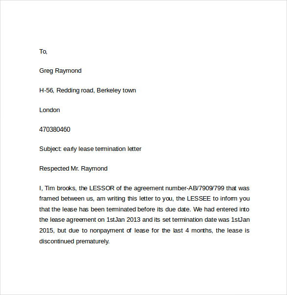 sample of early lease termination letter