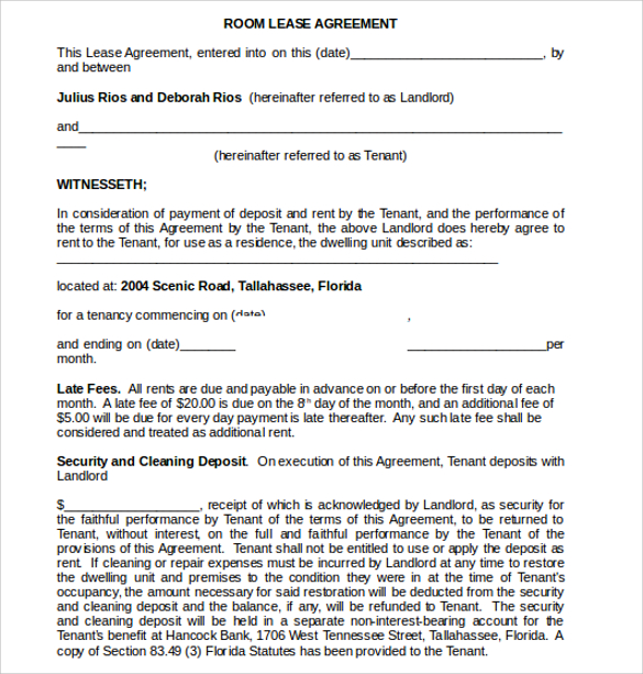 simple room lease agreement template