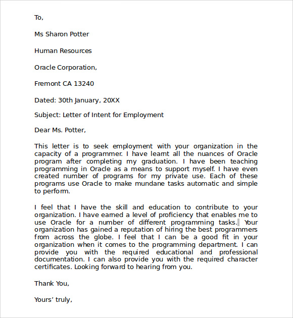 Letter Of Intent Employment Offer from images.sampletemplates.com