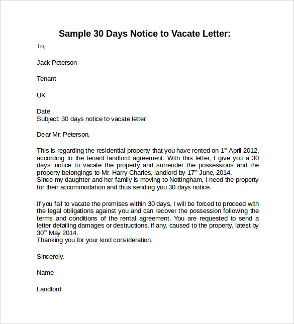 example of 30 day notice letter to landlord