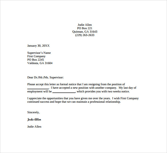 employment resignation notice letter