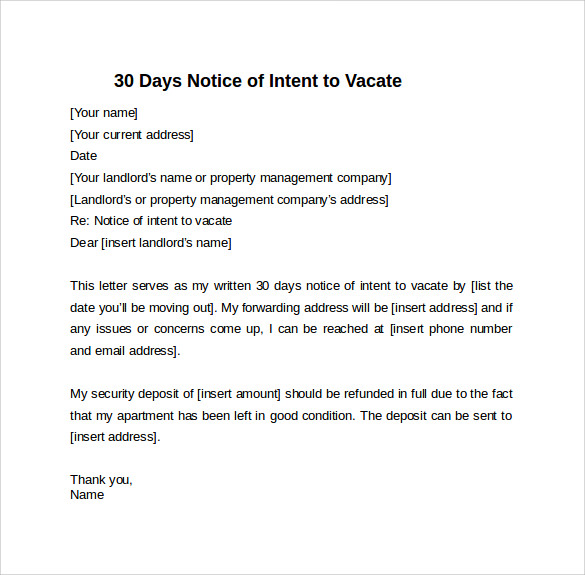 30 days notice letter of intent to vacate