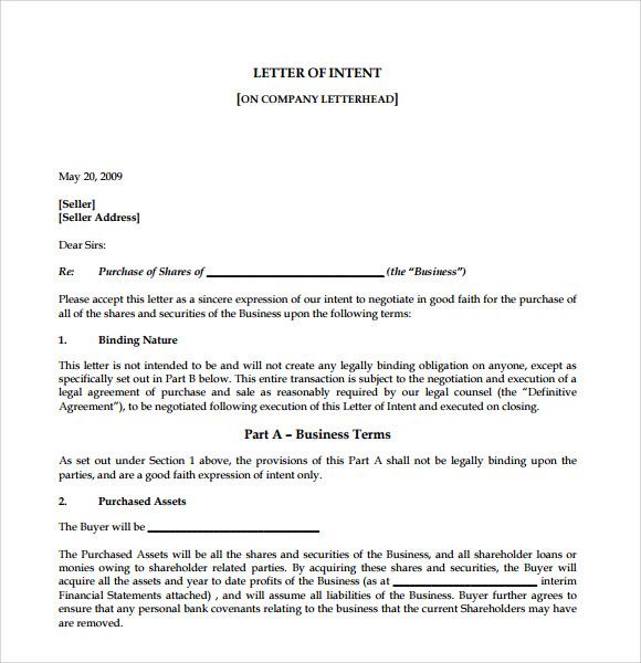 sale of business letter of intent