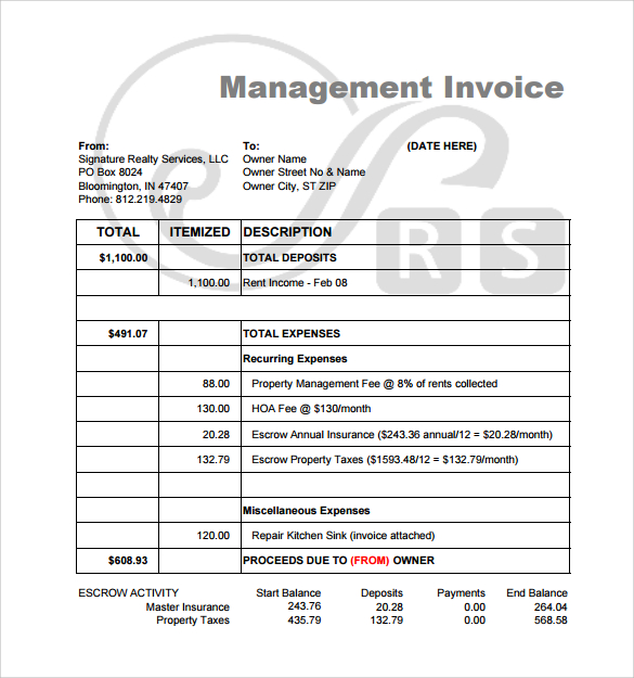 management rent invoice