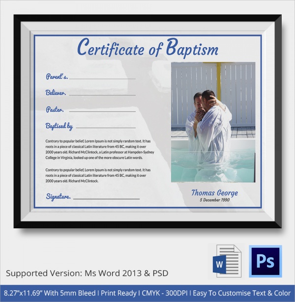 FREE 23+ Sample Baptism Certificate Templates in PDF MS Word PSD