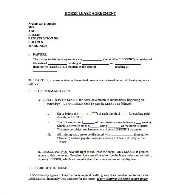 basic horse lease agreement