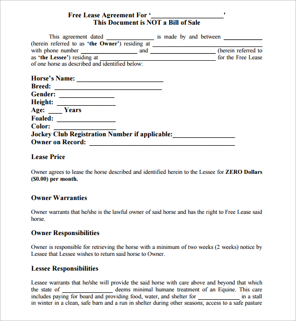 FREE 9 Sample Horse Lease Agreement Templates In PDF MS Word