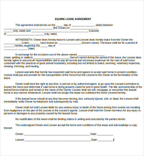 sample horse lease agreement template