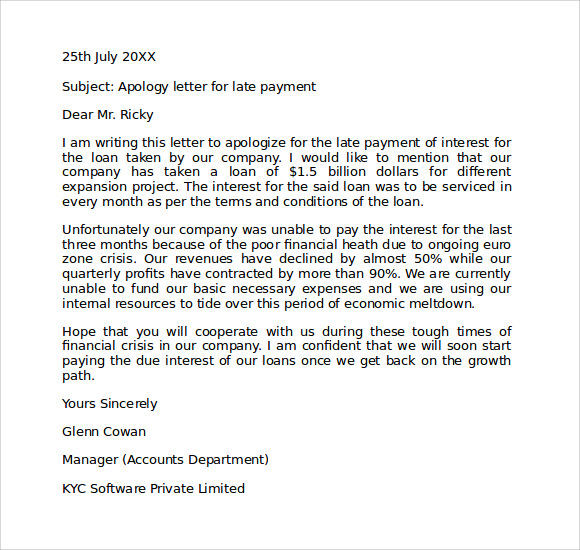 late format letter payment for Being Letter Apology Sample  Late Download Free  8 for