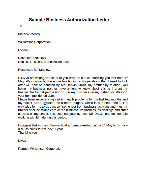 Sample letter of authorization giving permission