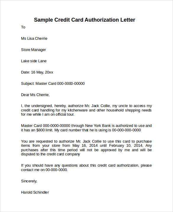 FREE 9+ Credit Card Authorization Letter Templates in PDF | MS Word