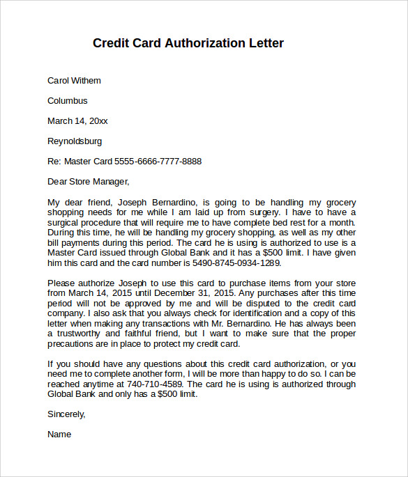 Free 9 Credit Card Authorization Letter Templates In Pdf Ms Word 0237