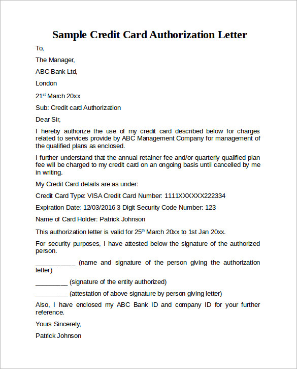 Authorization Letter Sample For Credit Card