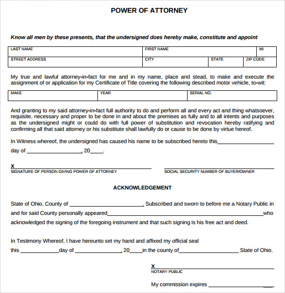 sample blank power of attorney form
