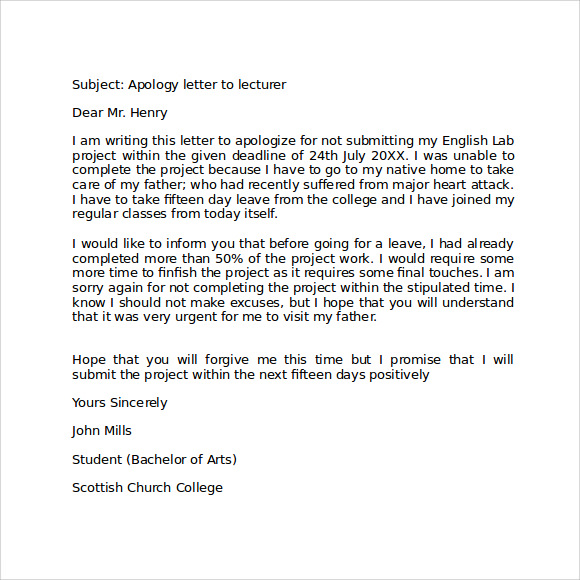 apology letter to lecturer