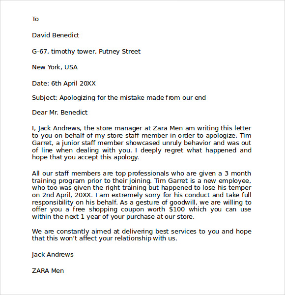 of business letter a 8 parts Documents Free  Download Letter Apology   7 Business in