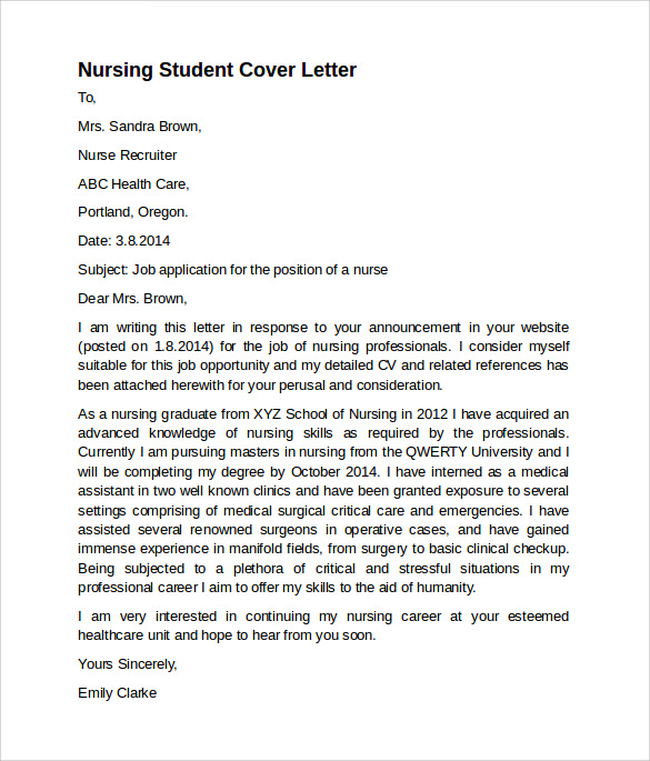 Free Editable Nurse Cover Letter Templates In Ms Word Doc Page My XXX   Nursing Student Cover Letter Template 