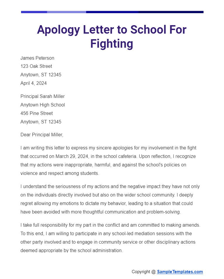 apology letter to school for fighting