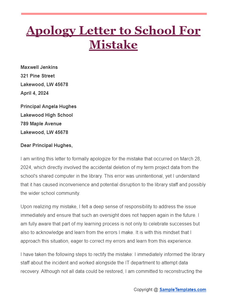 apology letter to school for mistake