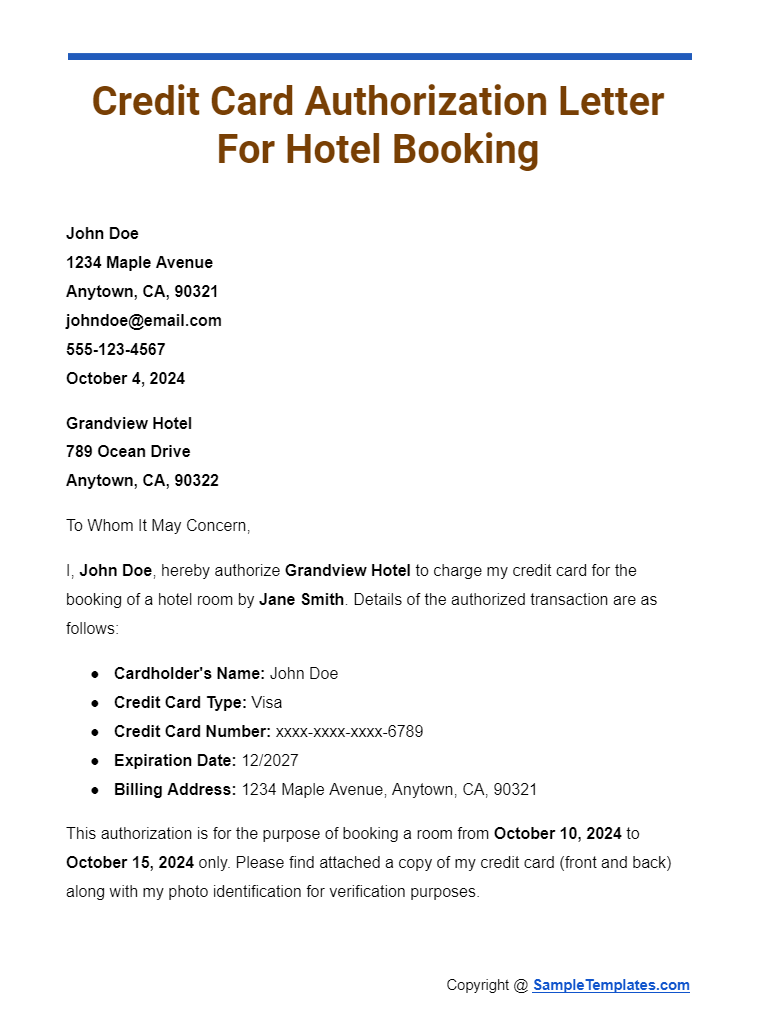 credit card authorization letter for hotel booking