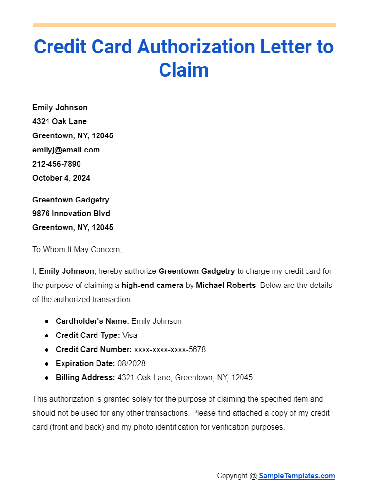 credit card authorization letter to claim