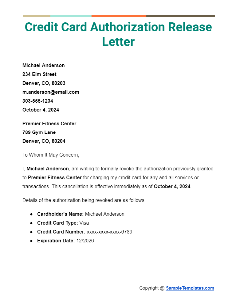 credit card authorization release letter