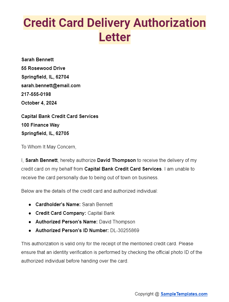 credit card delivery authorization letter